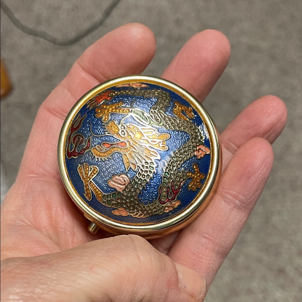 Vintage Enamel Dragon Compact pill case - Blue and Gold